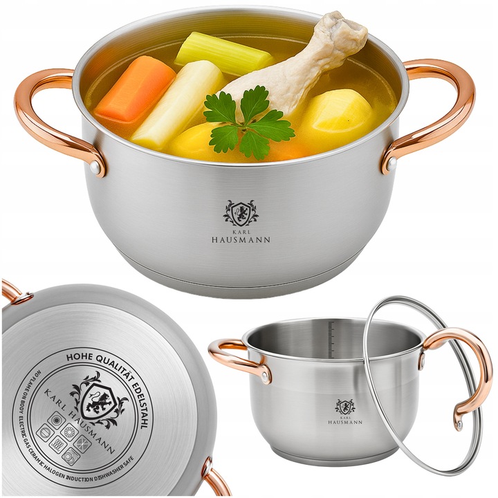 Oala din otel inoxidabil cu capac, 4L, 22cm, Karl Hausmann, pentru gaz si inductie, aurie