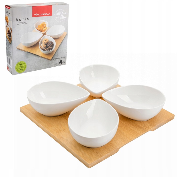 Set 4 boluri pentru dipuri Florina Adria, 15cm, portelan, cu suport din bambus, alb