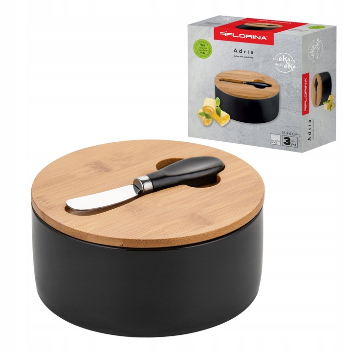 Set maselnica Florina Adria, ceramica neagra, capac din bambus, 16x6cm