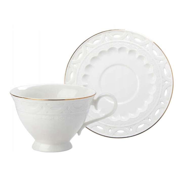 Set 2 cani cu farfurii Florina Sima 220 ml, portelan, alb crem, dimensiuni 10x6,8cm