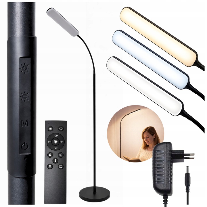 Lampa LED standa, Aptel, 12W, 3 temperaturi de culoare, neagra, 11 niveluri de intensitate