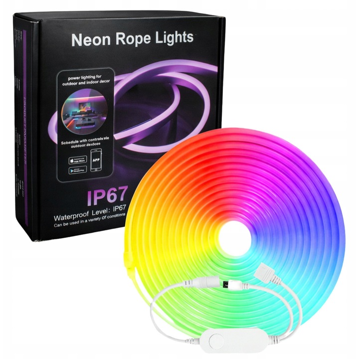Benza LED RGB Neon 15m, Aptel, rezistenta la apa IP67, cu telecomanda si aplicatie