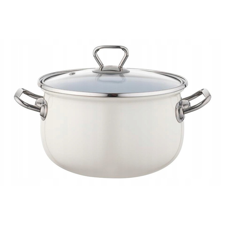 Oala emaliata Bliss, 18cm, 2.8L, crem, cu capac, pentru toate tipurile de plite