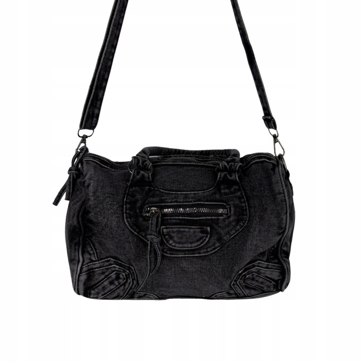 Geanta dama grafit denim, stil retro, doua ramite, 30x22cm