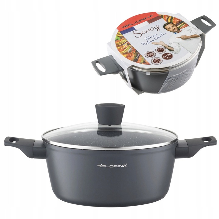 Oala Aluminiu Florina Savoy 24cm 4L Inductie Gaz Gri cu Capac