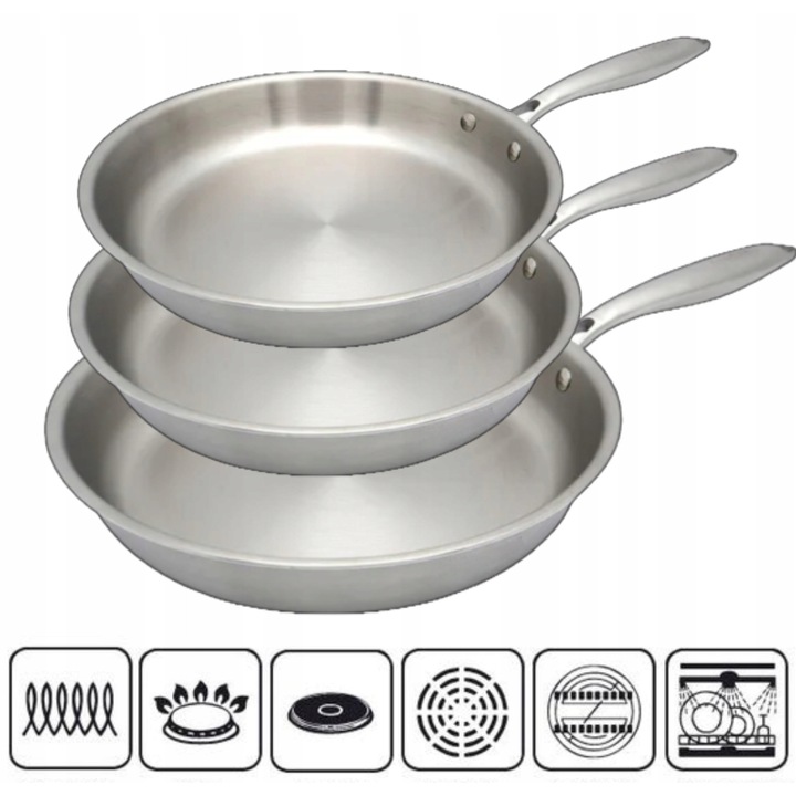 Set 3 tigai Brunbeste 20x4,5cm, 24x5cm, 28x5,5cm, inox, argintiu, pentru gaz si inductie