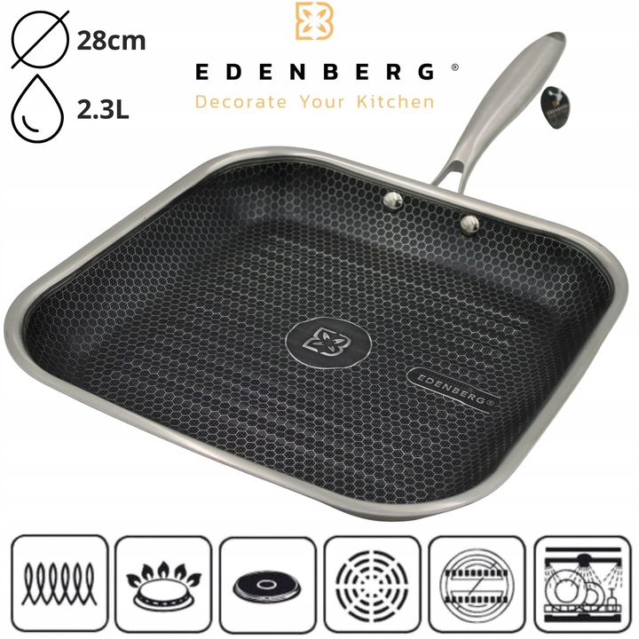 Tigaie Edenberg grill, 28cm, inox, pentru gaz si inductie