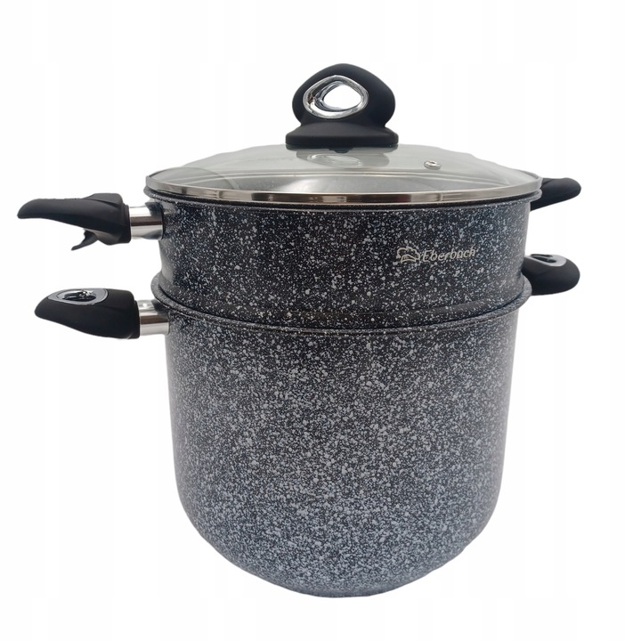 Oala de gatit Eberbach 24cm, 8l, marmura, cu capac din sticla, pentru gatit la aburi