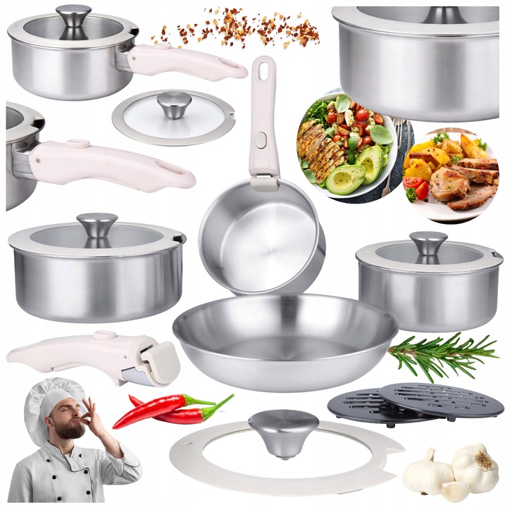Set oale din inox cu capac, 11 piese, Brunbeste, 16/18/20cm, tigaie 24cm, argintie