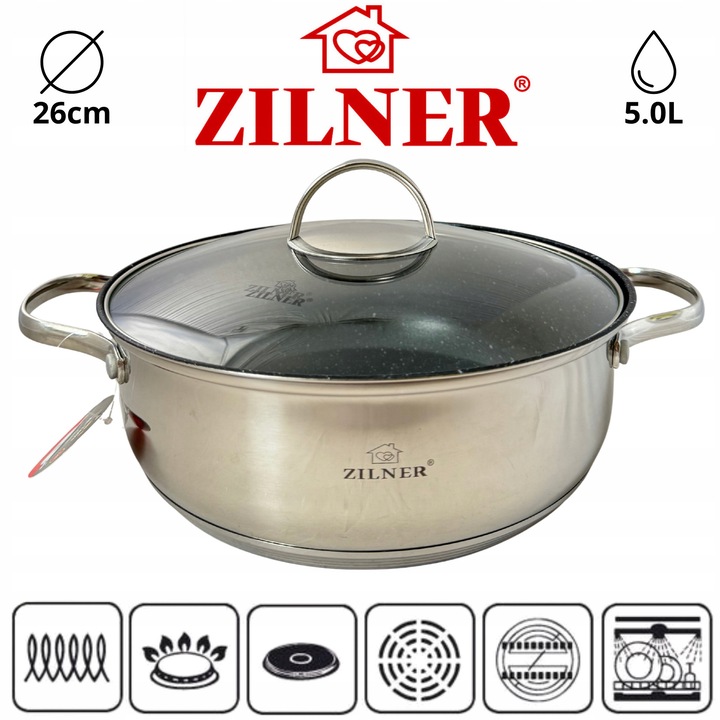 Oala ZILNER, 26cm, 5.0L, inox, interior marmorat, cu capac din sticla