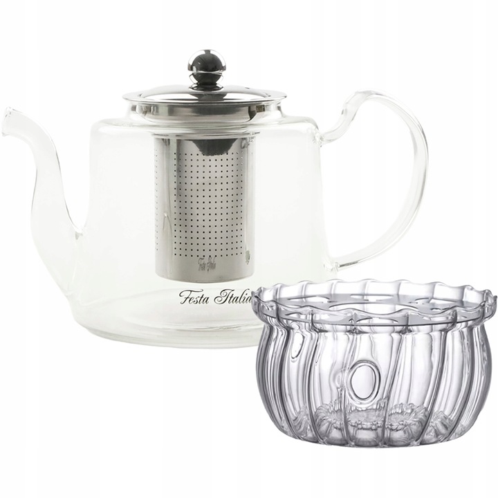 Üveg teáskanna rozsdamentes acél infúzióval és melegítőállvánnyal, Festa Italia, 1,2L, elegáns design, magas hőmérsékletnek ellenálló