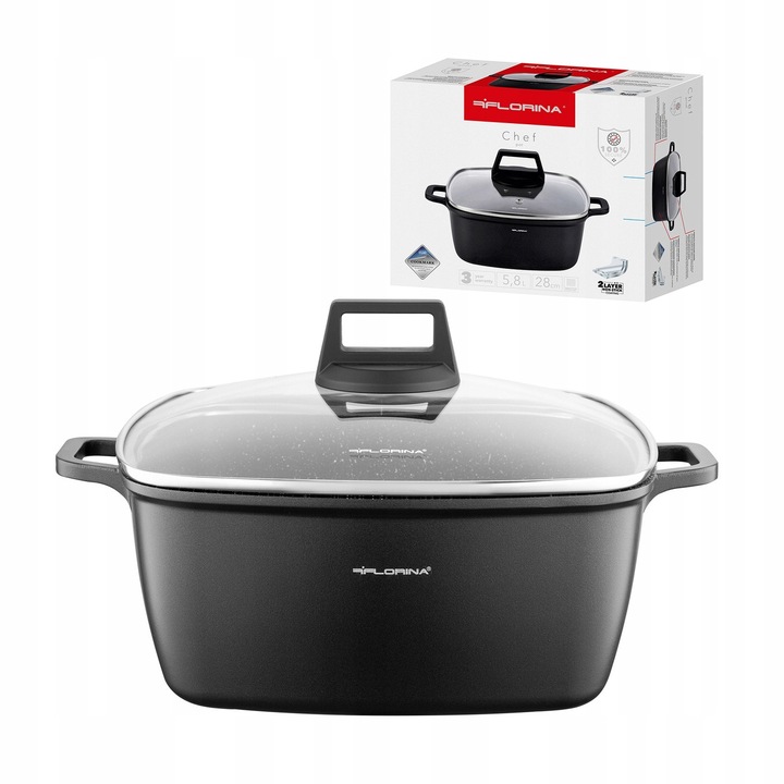 Cratita Florina Chef 28x28x12cm 7.1L Aluminiu Negru cu Puncte Albe, Antiaderenta, Inductie
