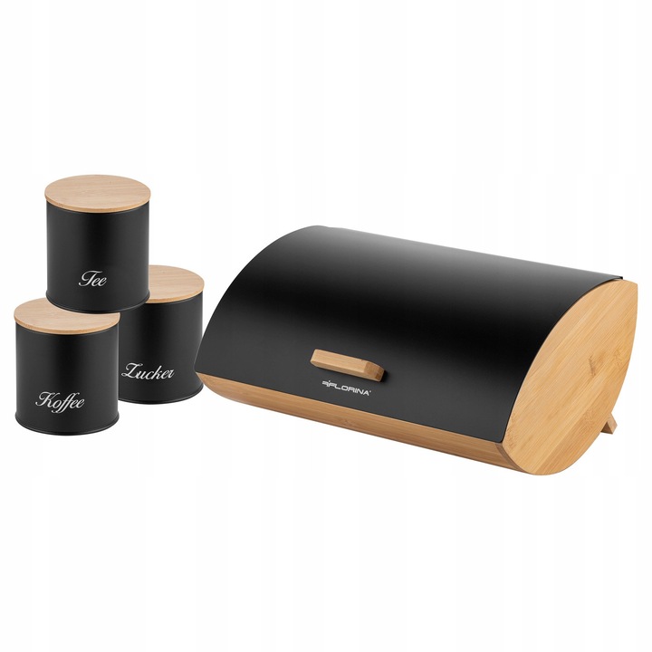 Set bucatarie chlebak si 3 recipiente pentru cafea, ceai, zahar Florina, negru, 35x25x15,5cm, 10x10cm