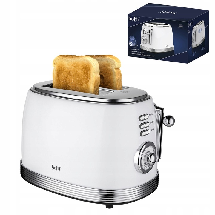 Prajitor de paine Botti Royal Line 850W, 2 compartimente, alb, metalic