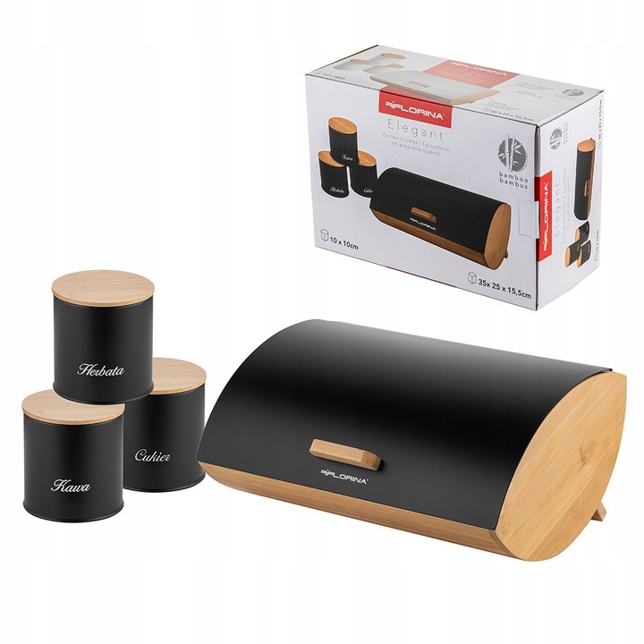 Set bucatarie Florina Elegant, chlebak si 3 recipiente pentru cafea, ceai si zahar, negru, 35x25x15,5cm, 10x10cm