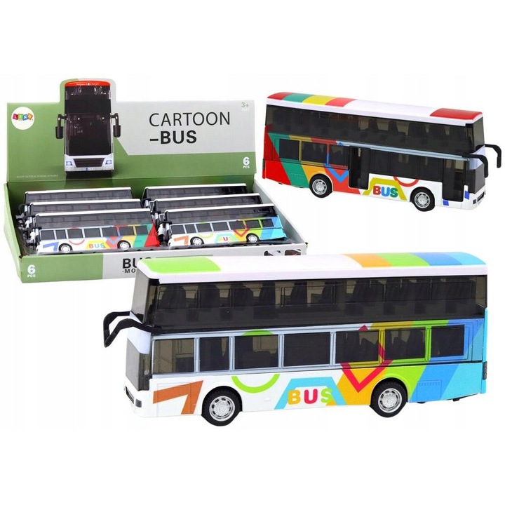 Autobuz metalic cu doua etaje, LEAN Toys, efecte luminoase si sonore, colorat, 20x8,5x4,5cm, set 6 bucati