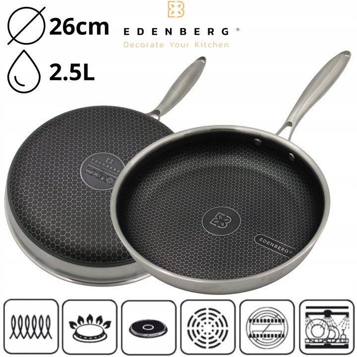 Tigaie inox 26cm 2.5L, Edenberg, neaderenta, design plasa de miere