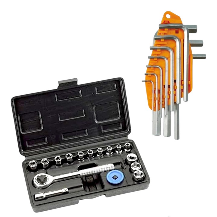 Set 13 chei tubulare 04-13 mm, cu prelungitor extensie 50 mm si cheie antrenor cu clichet reversibil 120 mm cu Set 10 chei hexagonale - 1.5/2/2.5/3/4/5/6/7/8/10 mm -, crom vanadiu