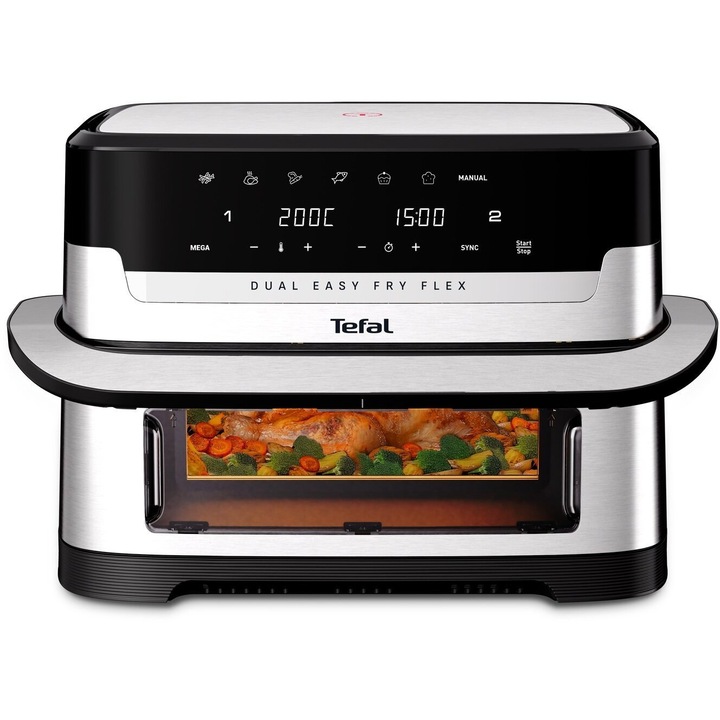 Friteuza cu Aer Cald Tefal Dual Easy Fry Flex, 2700 W, Capacitate 9 L, Touch, Air Fry & Grill, Negru