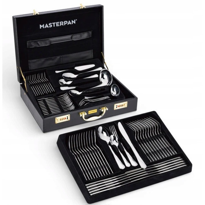 Set tacamuri 72 elemente, Masterpan, pentru 12 persoane, inox, valiza eleganta