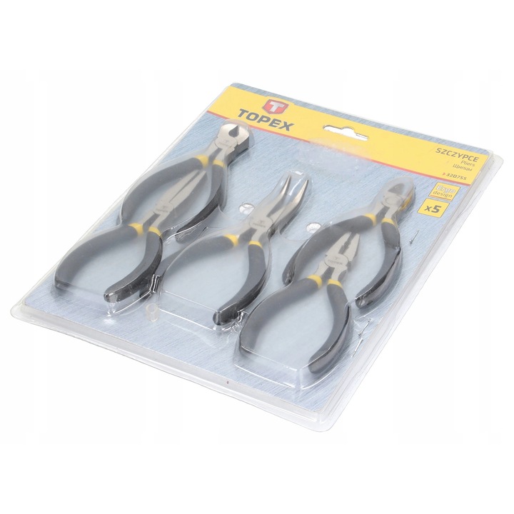 TOPEX precíziós fogókészlet, 5 darabos, edzett acél, csúszásmentes markolat