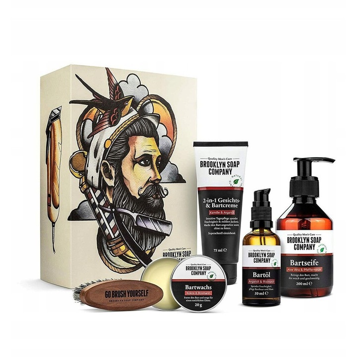 Комплект за грижа за брада Brooklyn Soap Company, шампоан 200мл, олио 50мл, вакса 20гр, крем 75мл, веган четка