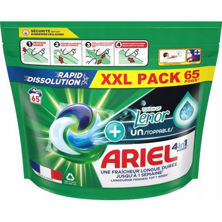 Ariel 4in1 Touch of Lenor mosókapszula, 65 darab, színes és fehér ruhákhoz, 20-95°C