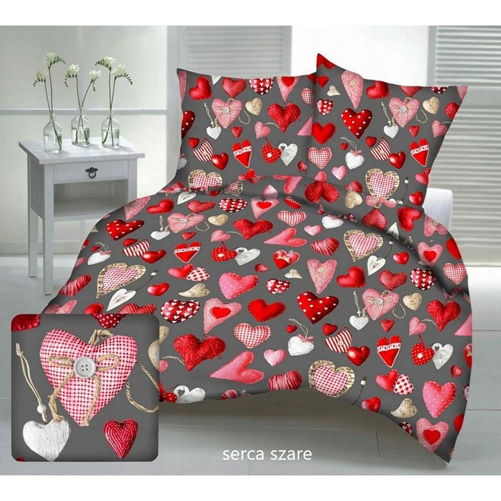 Lenjerie de pat Karo, 200x220cm, set 3 piese, 100% bumbac, rosu cu inimioare, inchidere cu nasturi