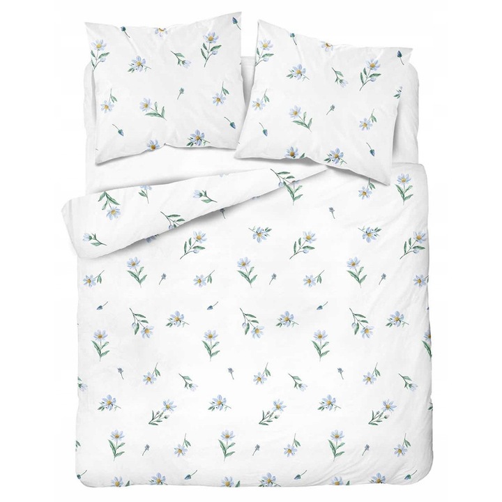 Lenjerie de pat Detexpol, 180x200cm, flori colorate pe fond deschis, 100% bumbac, 2 perne 70x80cm