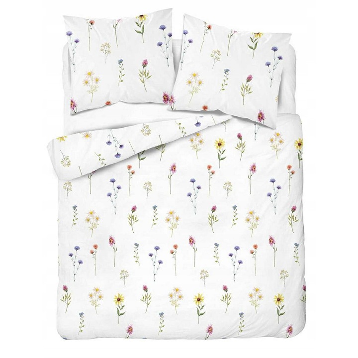 Paplanhuzat garnitúra, Detexpol, Floral Harmony, 220x200cm, fehér apró virágokkal, 2 db 70x80cm párnahuzat