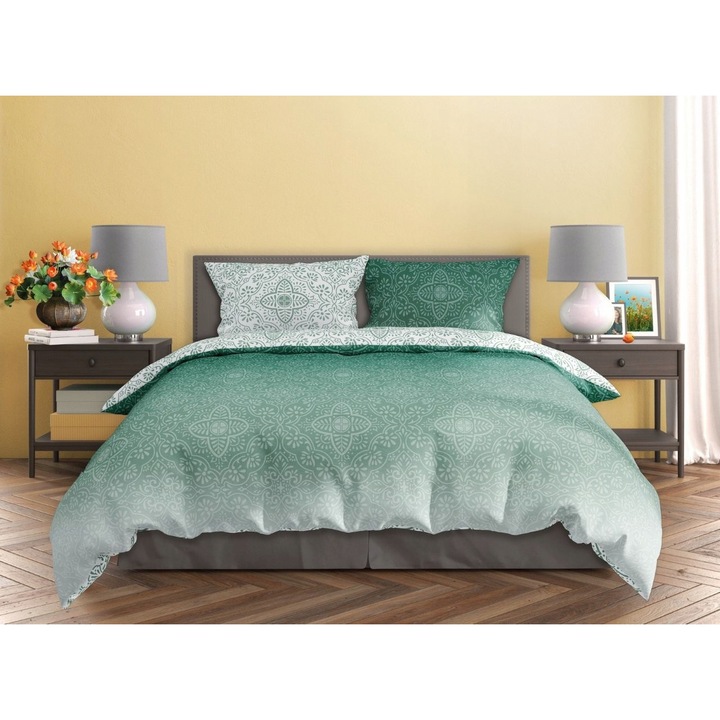 Set lenjerie de pat 160x200 cm, Milagro Verde, 100% bumbac satinat, alb-verde, 3 piese