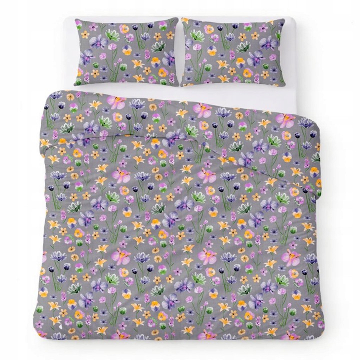 Lenjerie de pat, Karo, set 3 piese, 160x200cm, gri cu flori colorate