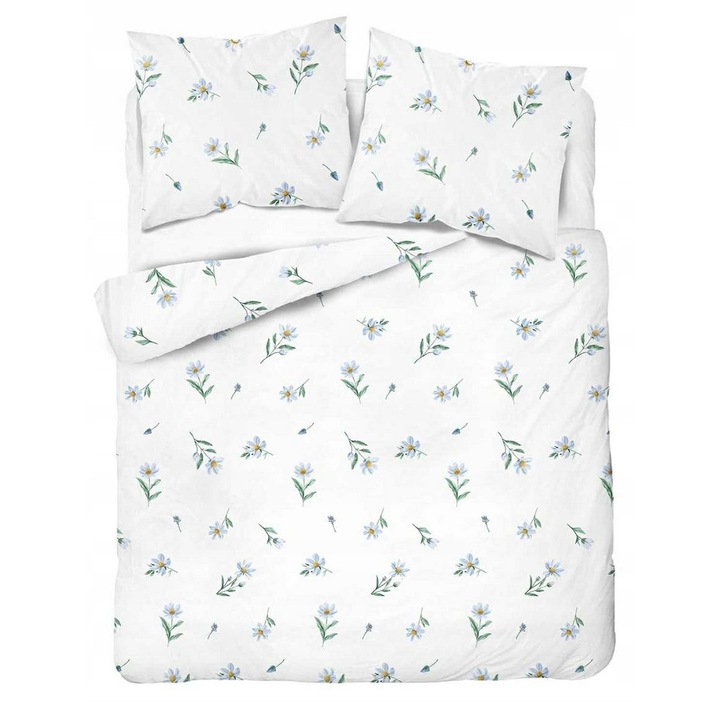 Lenjerie de pat set Floral Harmony, 160x200cm, 2 fete de perna 70x80cm, bumbac, alb cu flori albastre