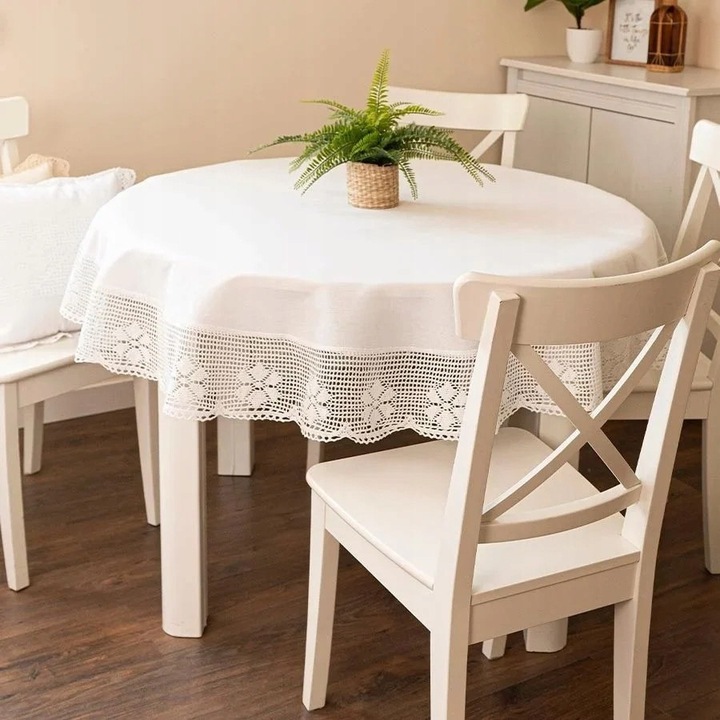 Obrus rotund Markizeta, 160x160cm, bumbac, alb, cu dantela