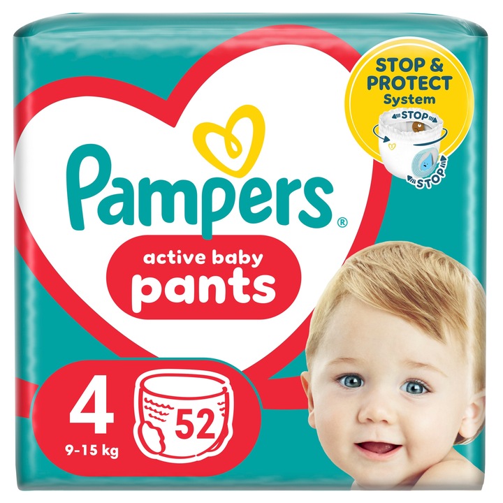 Pampers Pants 4 Maxi, 52 броя, Stop & Protect, бързо абсорбиране, 9-15кг