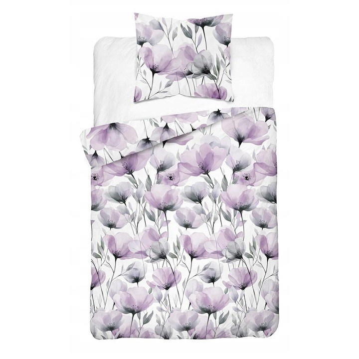 Lenjerie de pat set 140x200cm, Detexpol, flori violet acquarel, 100% bumbac