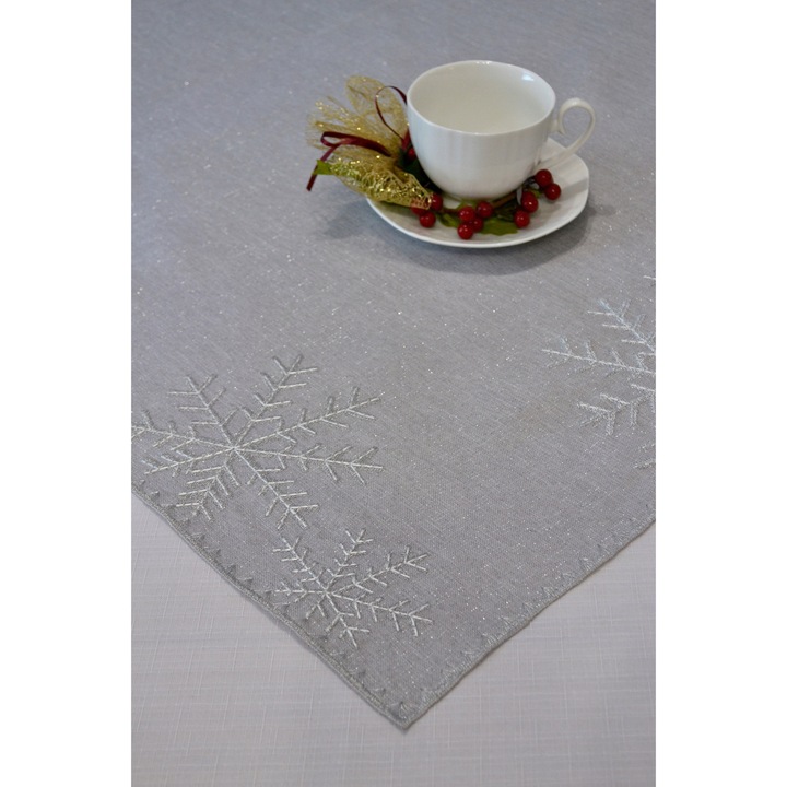 Masa de sarbatoare, Jedeka, 140x220cm, gri cu fir argintiu, model cu fulgi de zapada