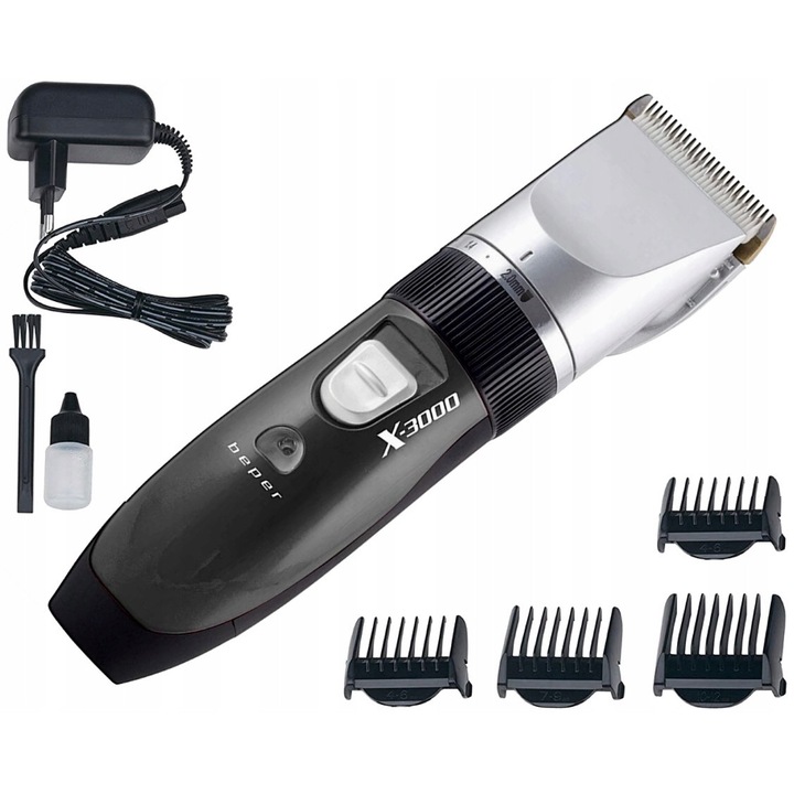 Maszynka de tuns Beper X-3000, 4 nasadki, ceramica-titan, argintie-neagra, 0,8-12 mm