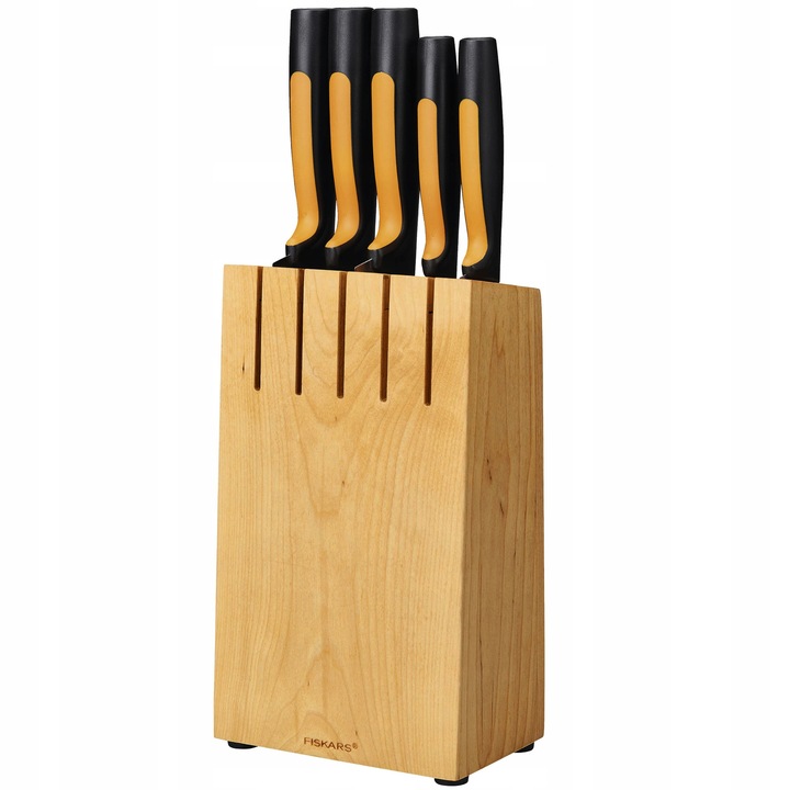 Fiskars Functional Form 5 darabos késkészlet fa blokkban, rozsdamentes acél, csúszásmentes, változatos méretek