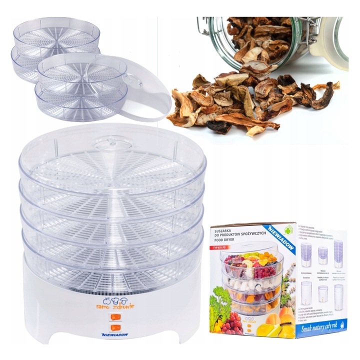 Deshidrator de alimente Niewiadow, 4 site transparente, 500W, alb, 30x30cm