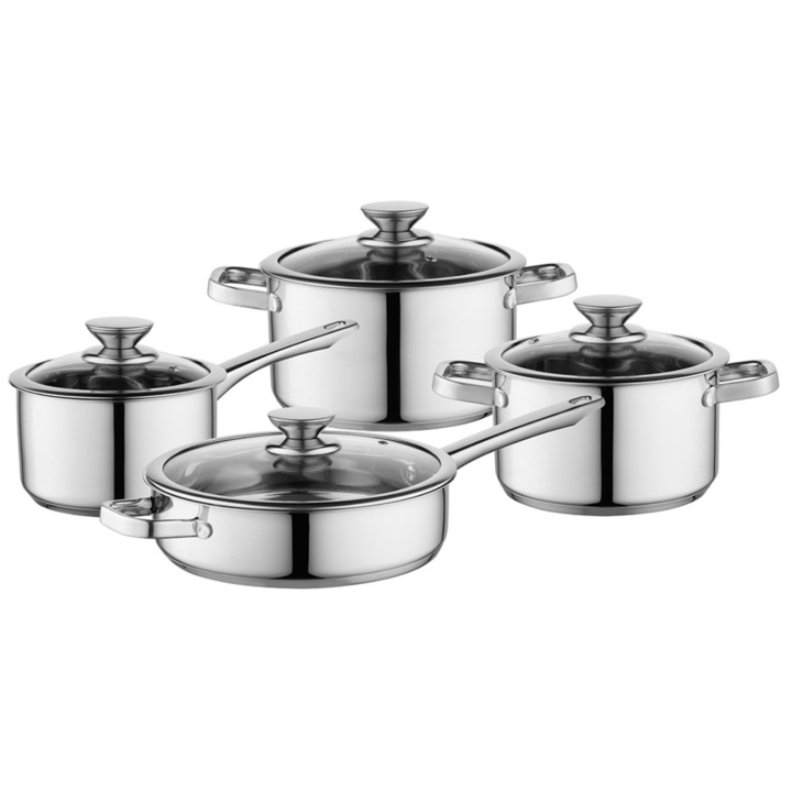 Set oale inox Dover 8 piese, Florina, capacitate 1,7-3,1l, diametru 16-24cm, cu capac din sticla