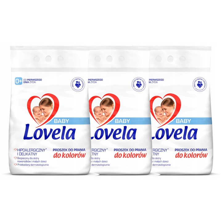 Lovela Baby hipoallergén mosószer szett, 3x 2,7kg, színes és fehér ruhákhoz, érzékeny bőrre
