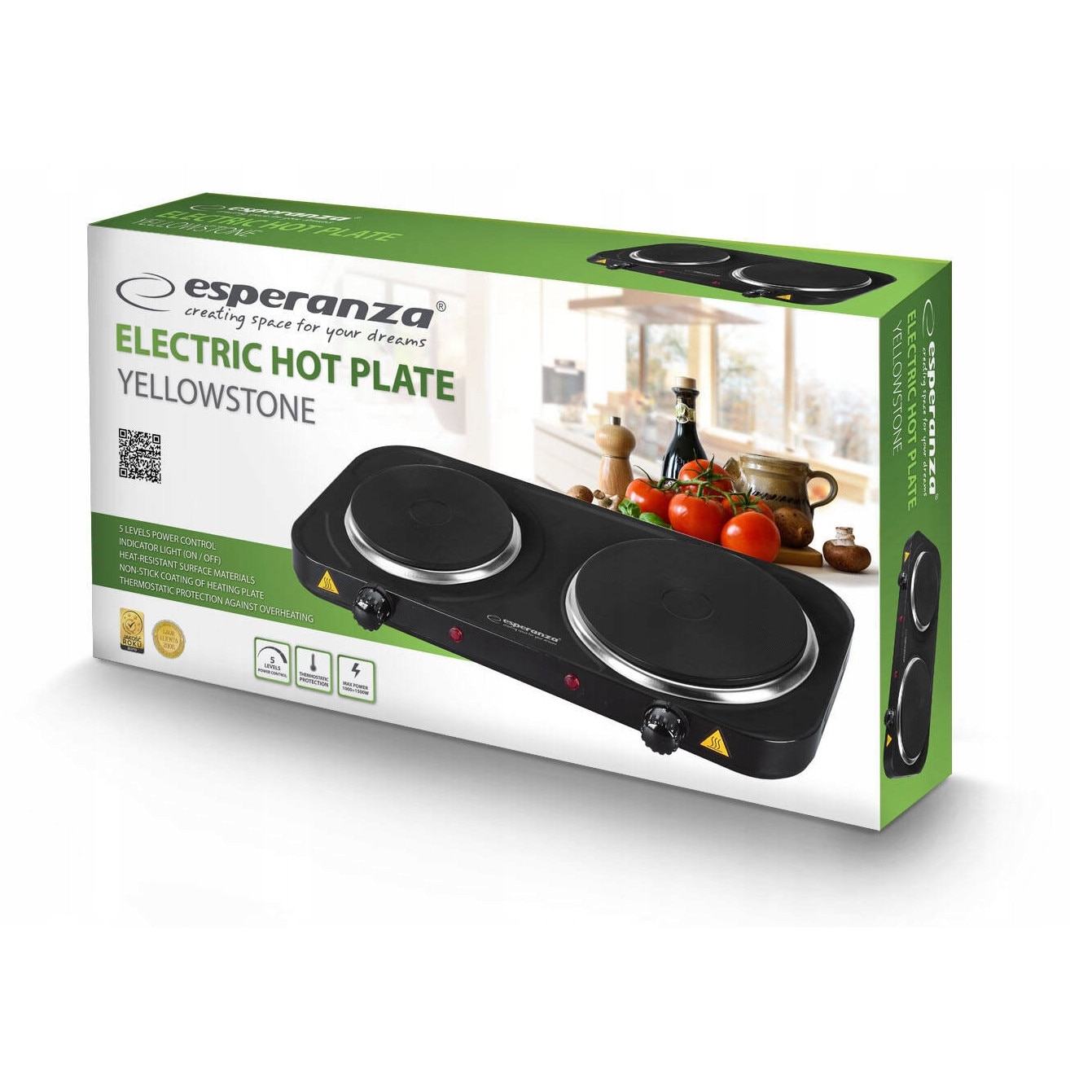 Aragaz electric Esperanza Yellowstone, 2 plite, negru, 2500W