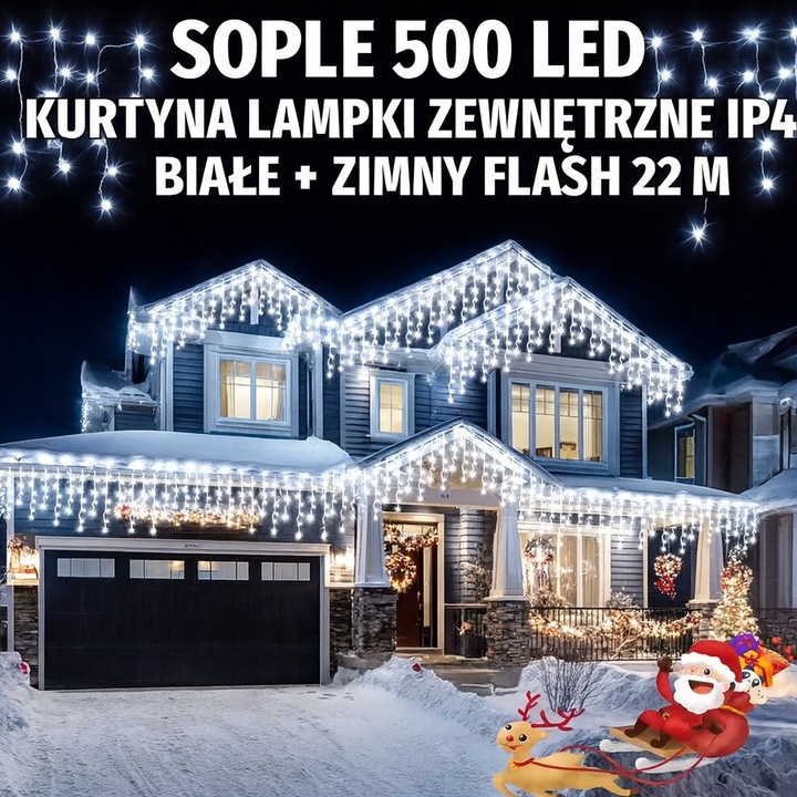Kurtyna luminoasa LED 500 dioduri, alb rece, 23m, efect Flash, sople, exterior
