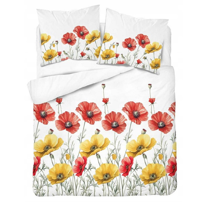 Paplanhuzat szett, Detexpol, Floral Harmony, 220x200cm, fehér piros és sárga pipacsokkal