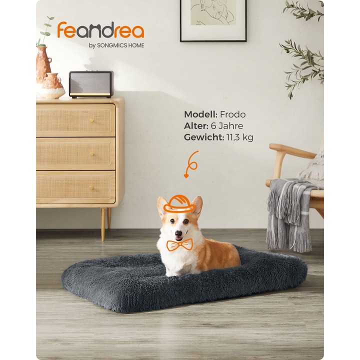 Culcus pentru caini, Feandrea, 95x60cm, gri inchis, material moale, lavabil