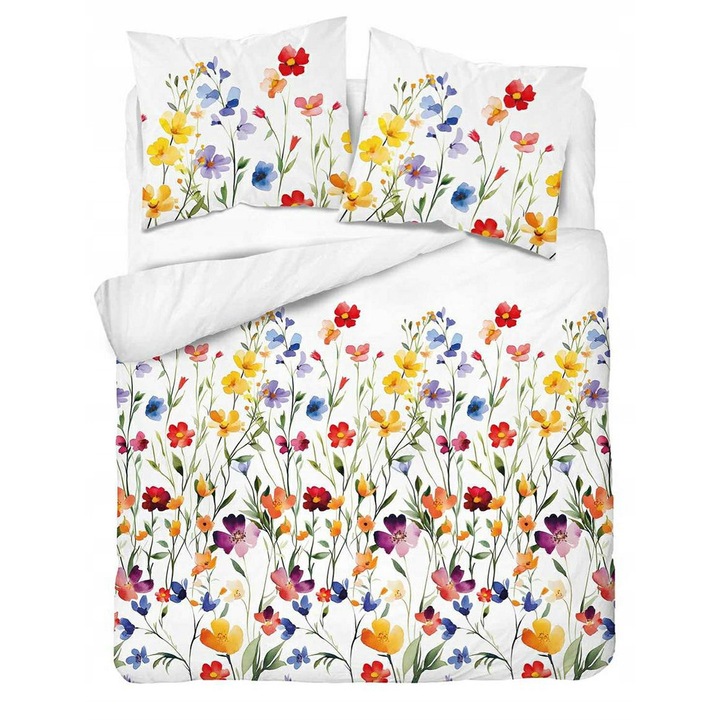 Lenjerie de pat set Detexpol 160x200cm, alb cu flori colorate, 1 fata de perna 70x80cm, 2 fete de perna