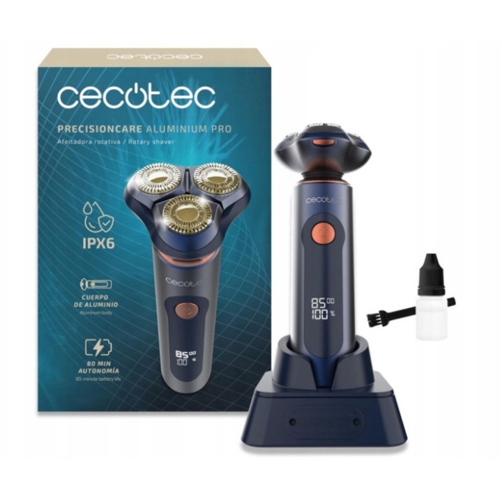 Aparat de ras electric Cecotec PrecisionCare Aluminium Pro, 8000 rpm, IPX6, albastru, cu baza de incarcare, set