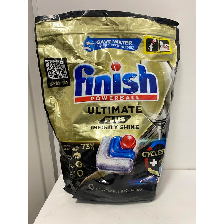 Препарат за съдомиялна машина Finish Ultimate Plus 73 капсули, биоразградим, предпазва стъклото и приборите