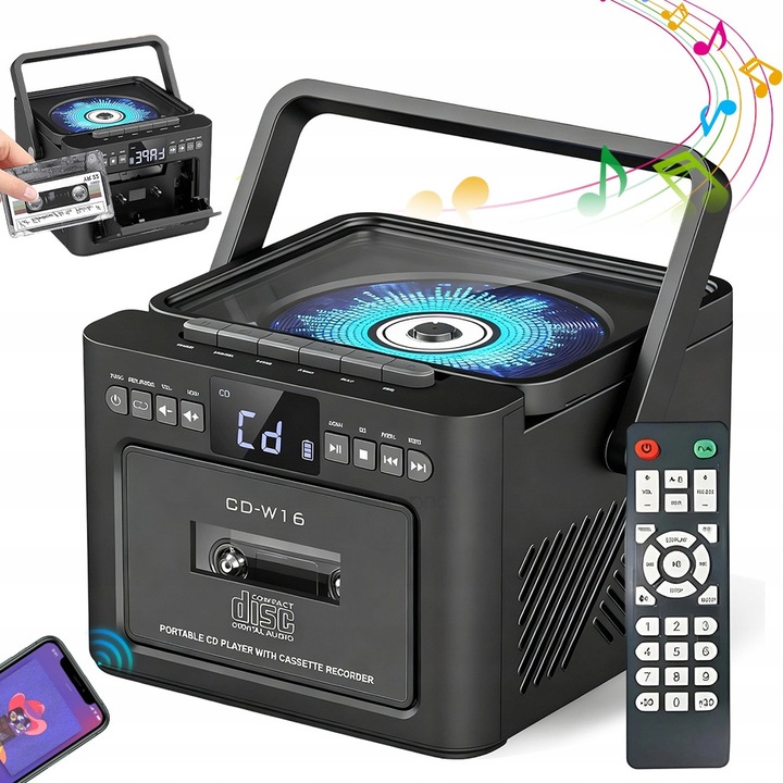 Player CD multifunctional BEDEE, Bluetooth 5.1, acumulator 5000 mAh, negru, 7,56x7,56x5,16 inch